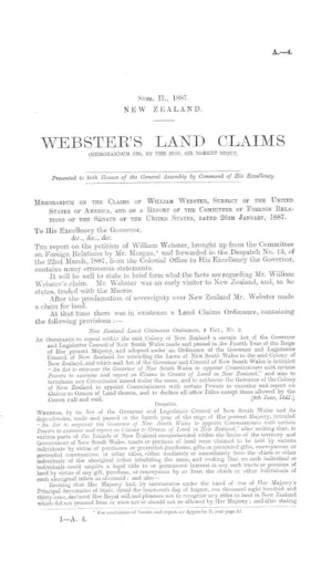 WEBSTER'S LAND CLAIMS (MEMORANDUM ON), BY THE HON. SIR ROBERT STOUT.