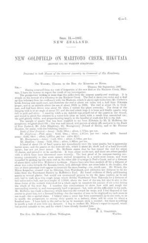 NEW GOLDFIELD ON MARITOTO CREEK, HIKUTAIA (REPORT ON), BY WARDEN STRATFORD.
