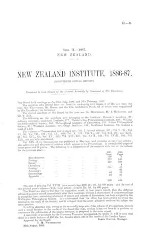 NEW ZEALAND INSTITUTE, 1886-87. (NINETEENTH ANNUAL REPORT.)