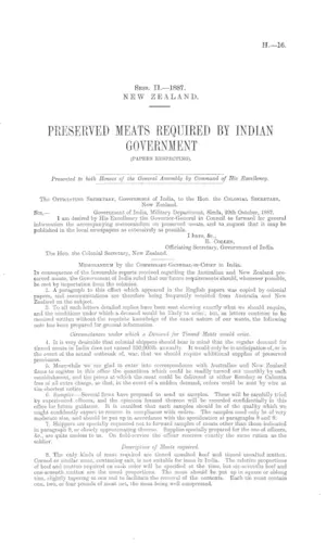 PRESERVED MEATS REQUIRED BY INDIAN GOVERNMENT (PAPERS RESPECTING).