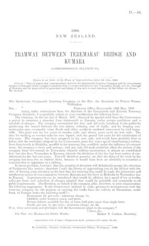 TRAMWAY BETWEEN TEREMAKAU BRIDGE AND KUMARA (CORRESPONDENCE RELATIVE TO).