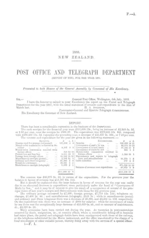 POST OFFICE AND TELEGRAPH DEPARTMENT (REPORT OF THE), FOR THE YEAR 1887.