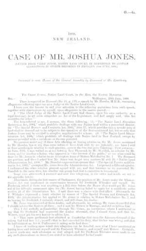 CASE OF MR. JOSHUA JONES. (LETTER FROM CHIEF JUDGE, NATIVE LAND COURT, IN REFERENCE TO CERTAIN ALLEGATIONS IN SPEECH REPORTED IN HANSARD, 15th JUNE, 1888.)