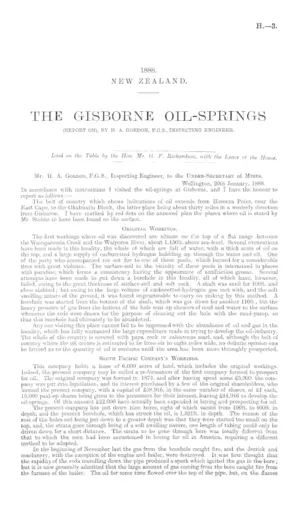 THE GISBORNE OIL-SPRINGS (REPORT ON), BY H. A. GORDON, F.G.S., INSPECTING ENGINEER.