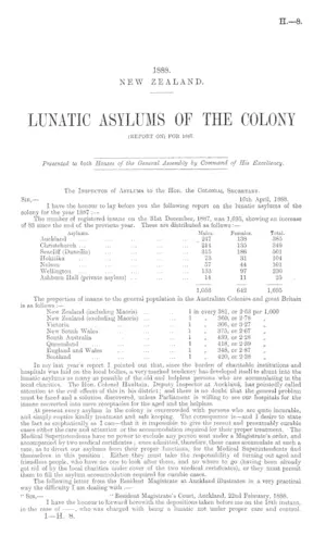 LUNATIC ASYLUMS OF THE COLONY (REPORT ON) FOR 1887.