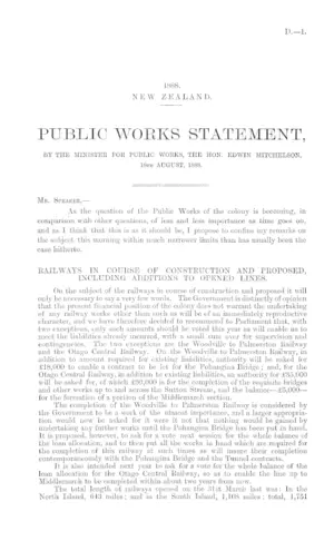 PUBLIC WORKS STATEMENT, BY THE MINISTER FOR PUBLIC WORKS, THE HON. EDWIN MITCHELSON, 18th AUGUST, 1888.