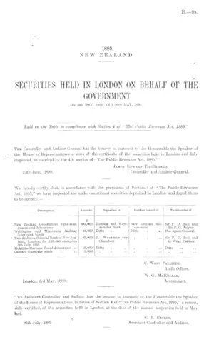 SECURITIES HELD IN LONDON ON BEHALF OF THE GOVERNMENT ON 3rd MAY, 1888, AND 29th MAY, 1889.