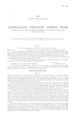 AUSTRALASIAN 3-PER-CENT. CONSOLS STOCK (LETTERS FROM Mr. WILLIAM WESTGARTH RELATING TO A PROPOSAL BY HIM FOR INAUGURATING AN).