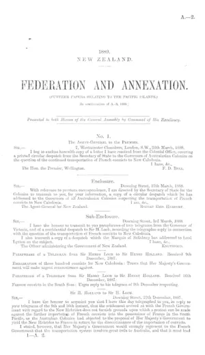 FEDERATION AND ANNEXATION. (FURTHER PAPERS RELATING TO THE PACIFIC ISLANDS.) [In continuation of A.-3, 1888.]