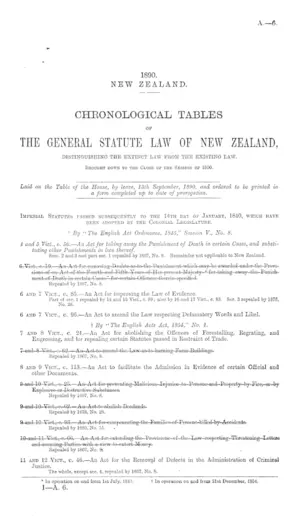CHRONOLOGICAL TABLES OF THE GENERAL STATUTE LAW OF NEW ZEALAND, DISTINGUISHING THE EXTINCT LAW FROM THE EXISTING LAW. Brought down to the Close of the Session of 1890.