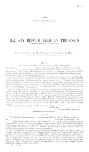 RAILWAY REFORM LEAGUE'S PROPOSALS (CORRESPONDENCE RELATIVE TO).