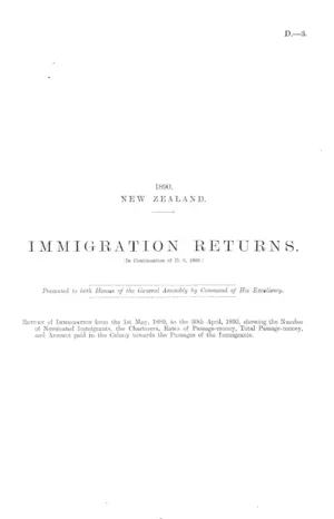 IMMIGRATION RETURNS. [In Continuation of D.-3, 1889.]