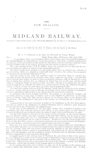 MIDLAND RAILWAY. PROPOSED DEVIATION NEAR LAKE BRUNNER (REPORT ON, BY MR. C. Y. O'CONNOR, M. Inst. C.E.).