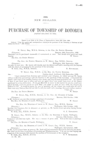 PURCHASE OF TOWNSHIP OF ROTORUA (PAPERS RELATING TO THE).