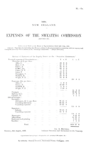EXPENSES OF THE SWEATING COMMISSION (RETURN OF).