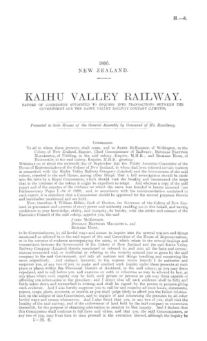 KAIHU VALLEY RAILWAY. REPORT OF COMMISSION APPOINTED TO INQUIRE INTO TRANSACTIONS BETWEEN THE GOVERNMENT AND THE KAIHU VALLEY RAILWAY COMPANY (LIMITED).