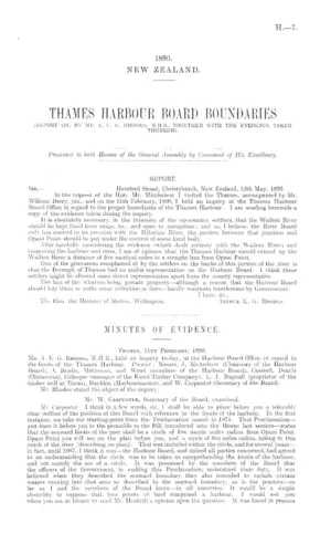 THAMES HARBOUR BOARD BOUNDARIES (REPORT ON, BY MR. A.E.G. RHODES, M.H.R., TOGETHER WITH THE EVIDENCE TAKEN THEREON).