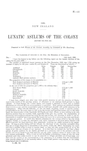 LUNATIC ASYLUMS OF THE COLONY (REPORT ON) FOR 1889.