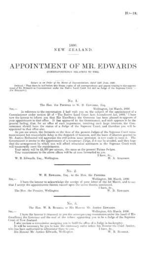 APPOINTMENT OF MR. EDWARDS (CORRESPONDENCE RELATING TO THE).