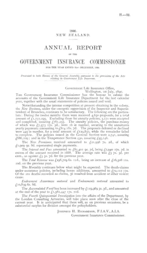 ANNUAL REPORT OF THE GOVERNMENT INSURANCE COMMISSIONER FOR THE YEAR ENDED 31st DECEMBER, 1889.