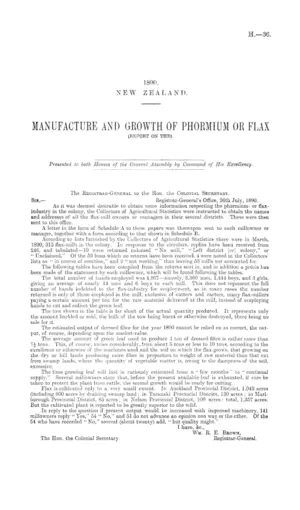 MANUFACTURE AND GROWTH OF PHORMIUM OR FLAX (REPORT ON THE).