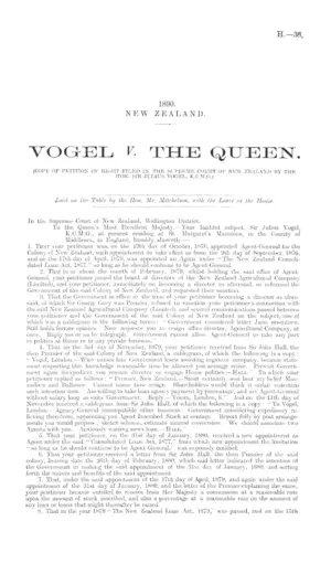 VOGEL V. THE QUEEN. (COPY OF PETITION OF RIGHT FILED IN THE SUPREME COURT OF NEW ZEALAND BY THE HON. SIR JULIUS VOGEL, K.C.M.G.)