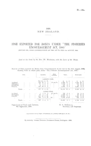 FISH EXPORTED FOR BONUS UNDER "THE FISHERIES ENCOURAGEMENT ACT, 1885" (RETURN OF), FROM COMMENCEMENT OF THE ACT TO THE 31st AUGUST, 1890.