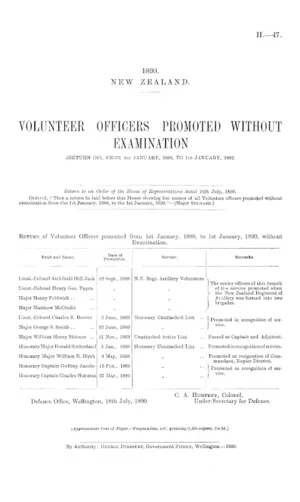 VOLUNTEER OFFICERS PROMOTED WITHOUT EXAMINATION (RETURN OF), FROM 1st JANUARY, 1888, TO 1st JANUARY, 1889.