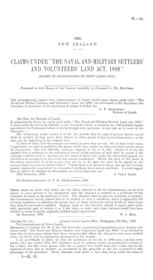 CLAIMS UNDER "THE NAVAL AND MILITARY SETTLERS' AND VOLUNTEERS' LAND ACT, 1889" (REPORT OF COMMISSIONERS OF CROWN LANDS UPON).