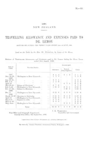TRAVELLING ALLOWANCE AND EXPENSES PAID TO DR. LEMON (RETURN OF) DURING THE THREE YEARS ENDED 31st AUGUST, 1890.
