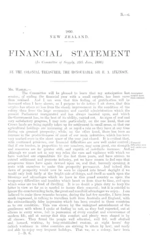 FINANCIAL STATEMENT (In Committee of Supply, 25th June, 1890) BY THE COLONIAL TREASURER, THE HONOURABLE SIR H. A. ATKINSON.