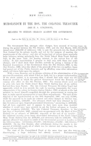 MEMORANDUM BY THE HON. THE COLONIAL TREASURER (SIR H. A. ATKINSON), RELATING TO CERTAIN CHARGES AGAINST THE GOVERNMENT.
