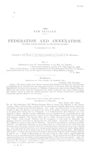 FEDERATION AND ANNEXATION. (FURTHER PAPERS RELATING TO THE PACIFIC ISLANDS.) [In continuation of A.-2, 1889.]