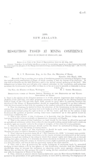 RESOLUTIONS PASSED AT MINING CONFERENCE HELD IN DUNEDIN IN FEBRUARY, 1890.