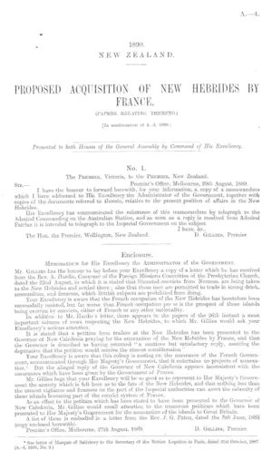 PROPOSED ACQUISITION OF NEW HEBRIDES BY FRANCE. (PAPERS RELATING THERETO.) [In continuation of A.-3, 1889.]