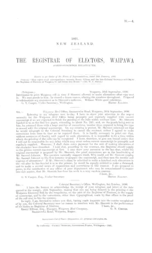 THE REGISTRAR OF ELECTORS, WAIPAWA (CORRESPONDENCE RELATIVE TO).