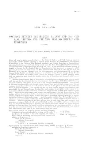 CONTRACT BETWEEN THE HOKONUI RAILWAY AND COAL COMPANY, LIMITED, AND THE NEW ZEALAND RAILWAY COMMISSIONERS (COPY OF).