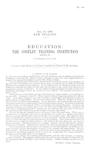 EDUCATION: THE COSTLEY TRAINING INSTITUTION (REPORT OF). [In continuation of E.-3a, 1890.]