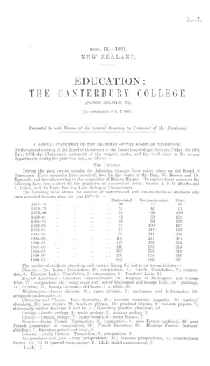 EDUCATION: THE CANTERBURY COLLEGE (PAPERS RELATING TO). [In continuation of E.-7, 1890.]