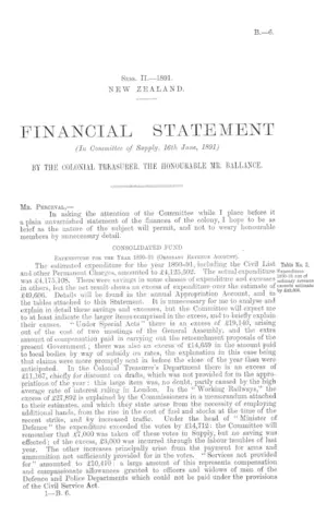 FINANCIAL STATEMENT (In Committee of Supply, 16th June, 1891) BY THE COLONIAL TREASURER, THE HONOURABLE MR. BALLANCE.