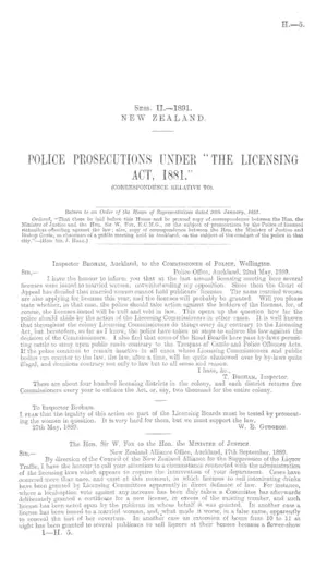 POLICE PROSECUTIONS UNDER "THE LICENSING ACT, 1881." (CORRESPONDENCE RELATIVE TO).