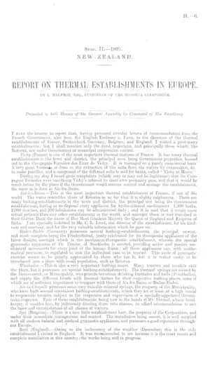 REPORT ON THERMAL ESTABLISHMENTS IN EUROPE. BY C. MALFROY, ESQ., CUSTODIAN OF THE ROTORUA SANATORIUM.