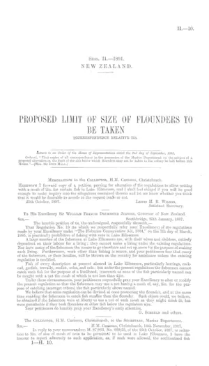 PROPOSED LIMIT OF SIZE OF FLOUNDERS TO BE TAKEN (CORRESPONDENCE RELATIVE TO).