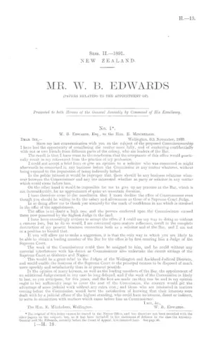 MR. W. B. EDWARDS (PAPERS RELATING TO THE APPOINTMENT OF).