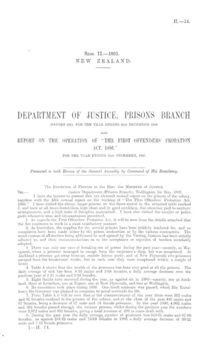 DEPARTMENT OF JUSTICE, PRISONS BRANCH (REPORT ON), FOR THE YEAR ENDING 31st DECEMBER 1890. ALSO REPORT ON THE OPERATION OF "THE FIRST OFFENDERS' PROBATION ACT, 1886," FOR THE YEAR ENDING 31st DECEMBER, 1890.