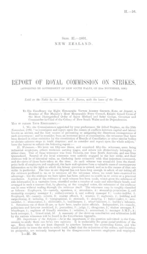 REPORT OF ROYAL COMMISSION ON STRIKES. (APPOINTED BY GOVERNMENT OF NEW SOUTH WALES, ON 25th NOVEMBER, 1890.)