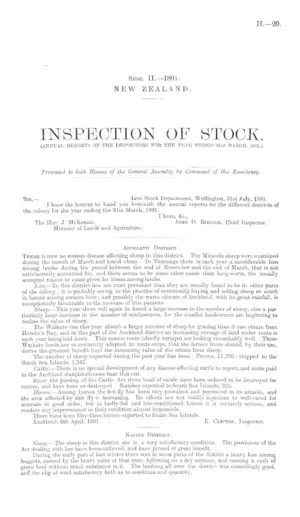 INSPECTION OF STOCK. (ANNUAL REPORTS OF THE INSPECTORS FOR THE YEAR ENDED 31st MARCH, 1891.)