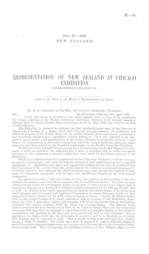 REPRESENTATION OF NEW ZEALAND AT CHICAGO EXHIBITION (CORRESPONDENCE RELATING TO).
