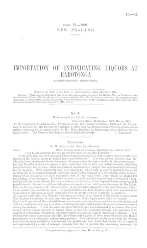 IMPORTATION OF INTOXICATING LIQUORS AT RAROTONGA (CORRESPONDENCE RESPECTING).