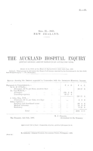 THE AUCKLAND HOSPITAL INQUIRY (RETURN SHOWING AMOUNT EXPENDED IN CONNECTION WITH).